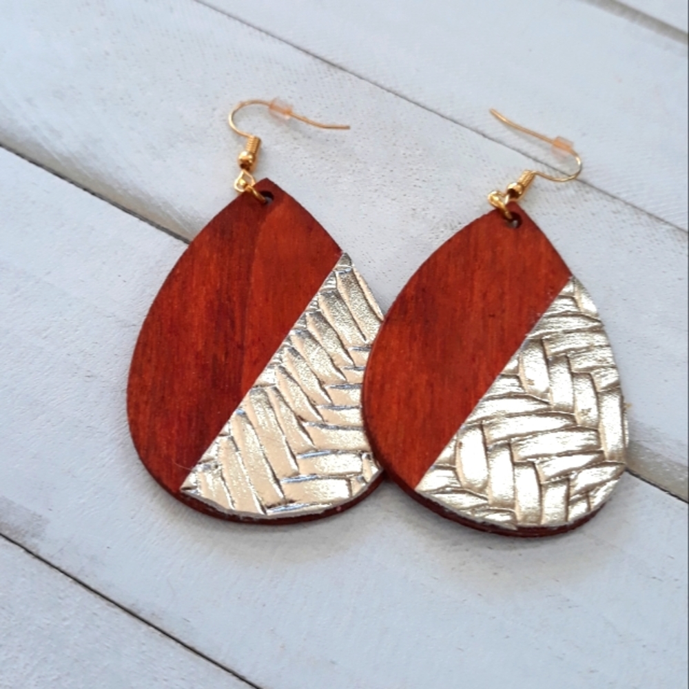 Laser Cut Wood/ Brown/ Gold/ Teardrop Earrings